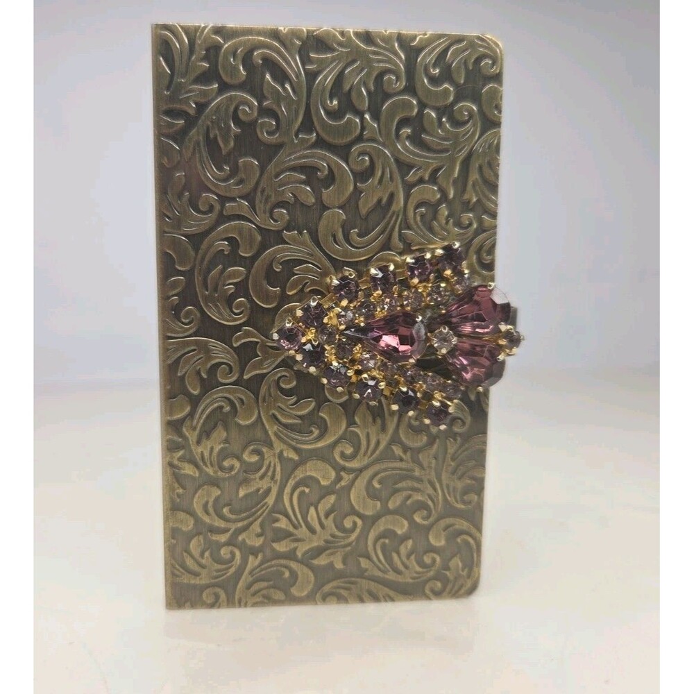 Vintage Heavy Brass Business Card Holder Case Jeweled Purple Rhinestone Scroll